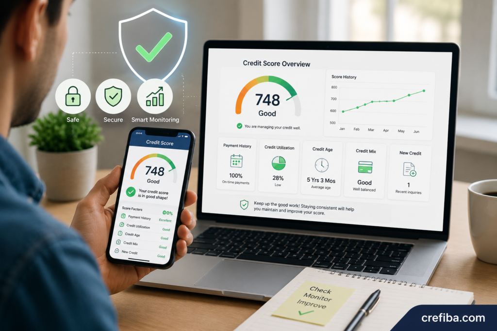 Does Checking Your Credit Score Lower It Person checking their credit score on a smartphone and laptop using a credit monitoring dashboard, illustrating that checking your own credit score creates a soft inquiry and does not lower your credit score.