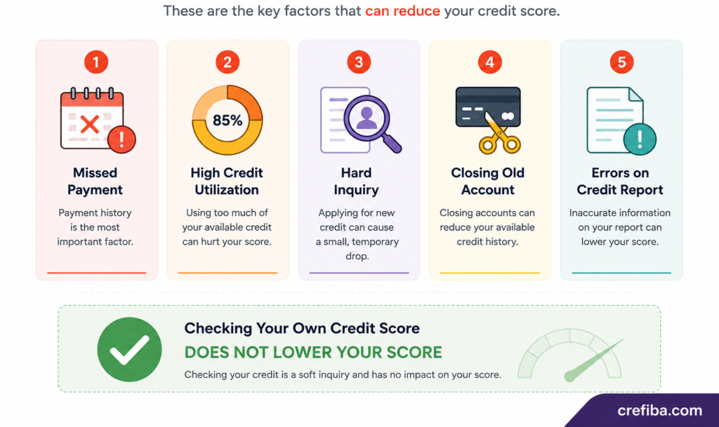 Flowchart comparing a soft inquiry and a hard inquiry. Checking your own credit score leads to a soft inquiry with no impact on your credit score, while applying for a credit card, loan, or mortgage results in a hard inquiry that may temporarily affect your credit score.