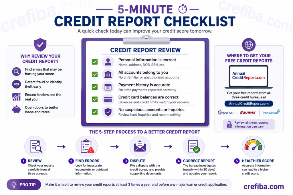 Infographic showing a 5-minute credit report checklist with steps to review personal information, verify accounts, check payment history, confirm credit card balances, identify suspicious inquiries, and dispute errors to help maintain a healthy credit score.