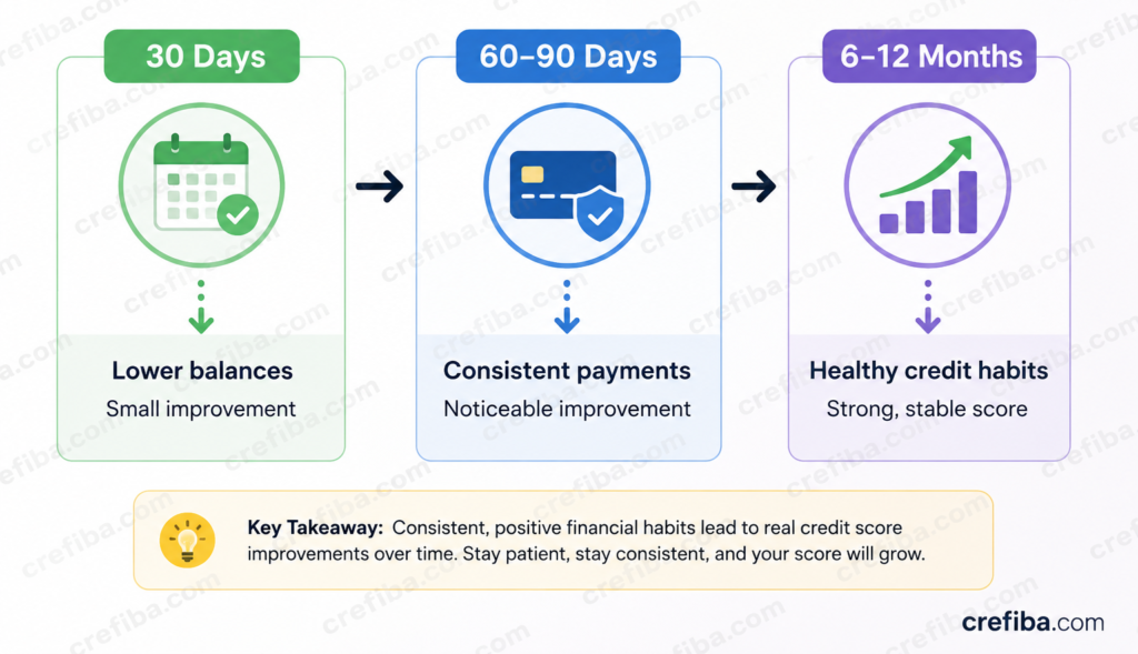 Timeline infographic showing how long it takes to improve your credit score, with small improvements in 30 days, noticeable progress in 60–90 days, and stronger, long-term credit growth after 6–12 months of healthy financial habits.