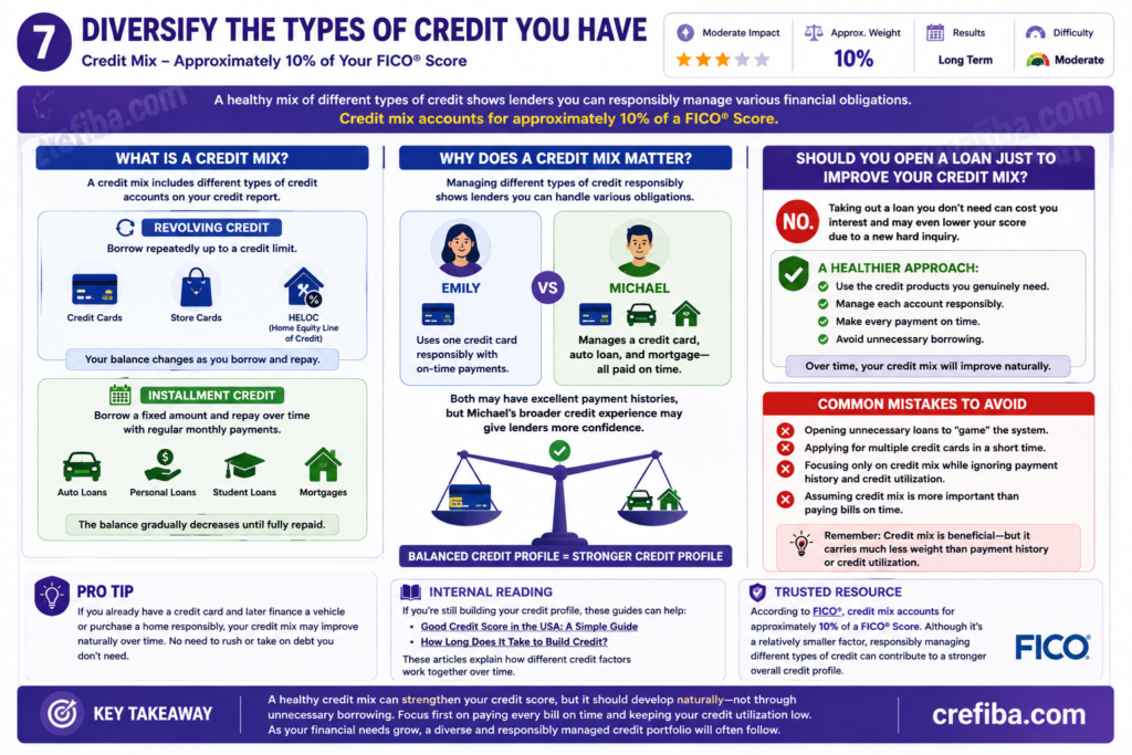 Infographic explaining how a healthy credit mix contributes approximately 10% to a FICO® Score by comparing revolving credit and installment loans, showing why responsibly managing different types of credit can strengthen your overall credit profile.