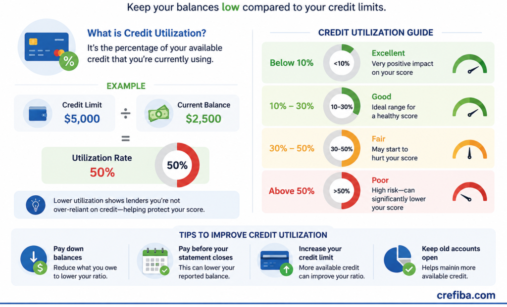 Infographic explaining how credit utilization affects your credit score, using a $5,000 credit limit and $2,500 balance example to show a 50% utilization rate and why keeping utilization below 30% is recommended.