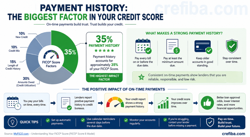 Infographic explaining that payment history accounts for approximately 35% of a FICO® Score, showing why paying bills on time is the most important factor for improving and maintaining a healthy credit score.