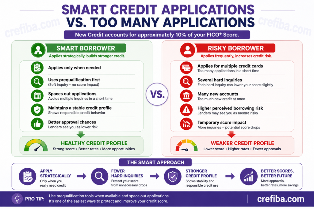 Infographic comparing smart credit applications with excessive credit applications, showing how applying only when needed, using prequalification, and spacing out applications can reduce hard inquiries and help maintain a stronger credit profile.