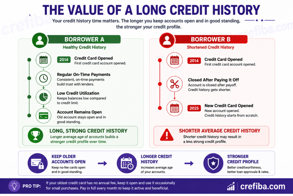 Infographic comparing two borrowers to show how keeping older credit accounts open helps build a longer credit history, strengthens a credit profile, and supports a higher FICO® Score over time.