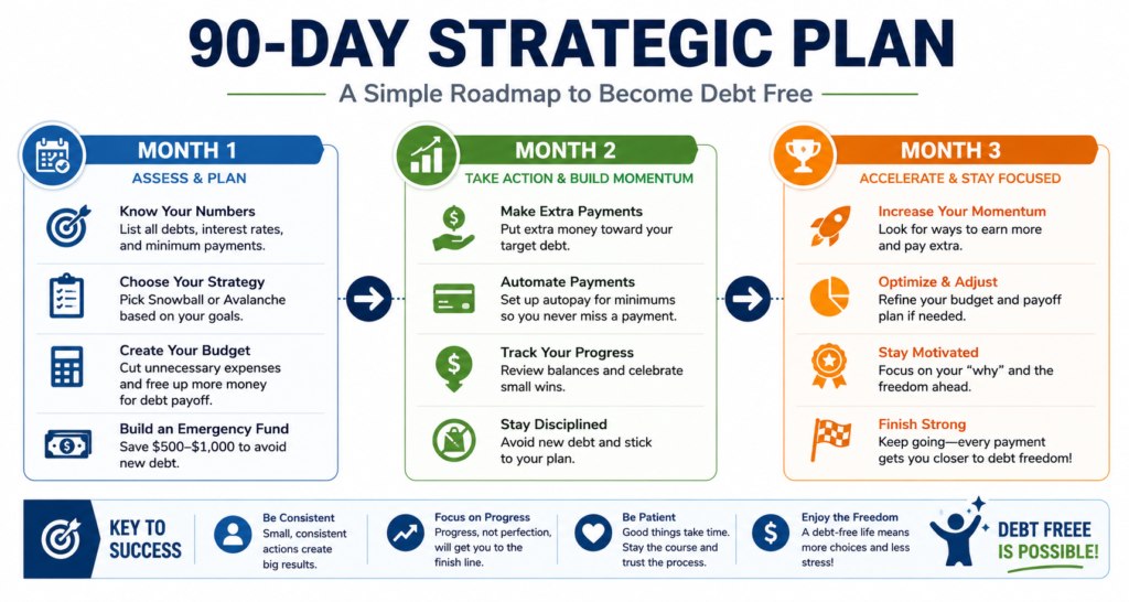 "90-day strategic debt payoff plan infographic showing a month-by-month roadmap for paying off credit card debt through budgeting, extra payments, and consistent financial habits."