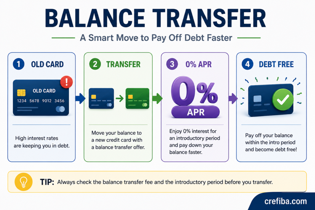 "Balance transfer flowchart showing how moving credit card debt from an old card to a 0% APR balance transfer card can help pay off debt faster and become debt-free."
