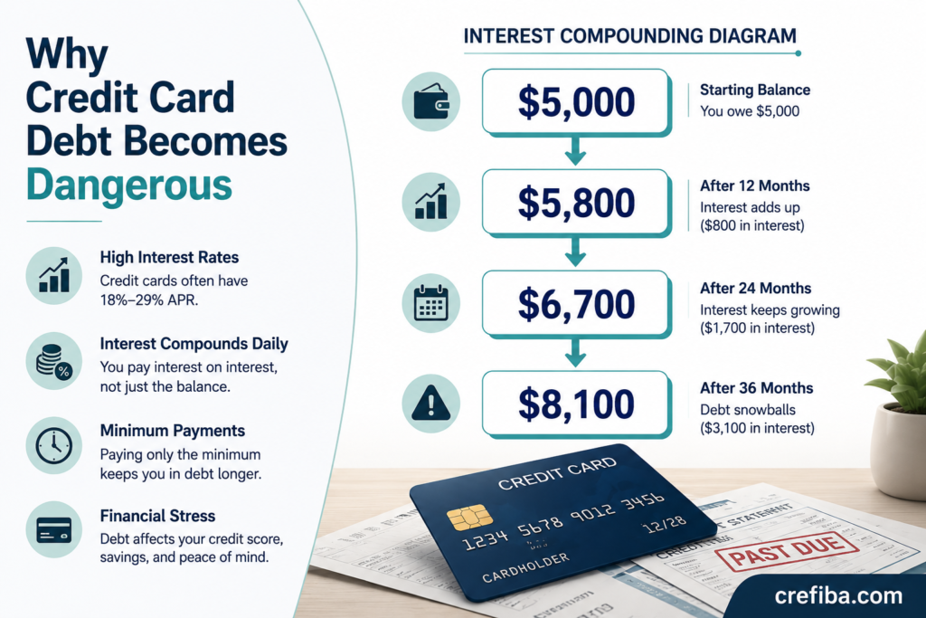 Infographic showing how $5,000 in credit card debt grows to $8,100 over time due to compound interest, illustrating why high-interest credit card debt becomes dangerous