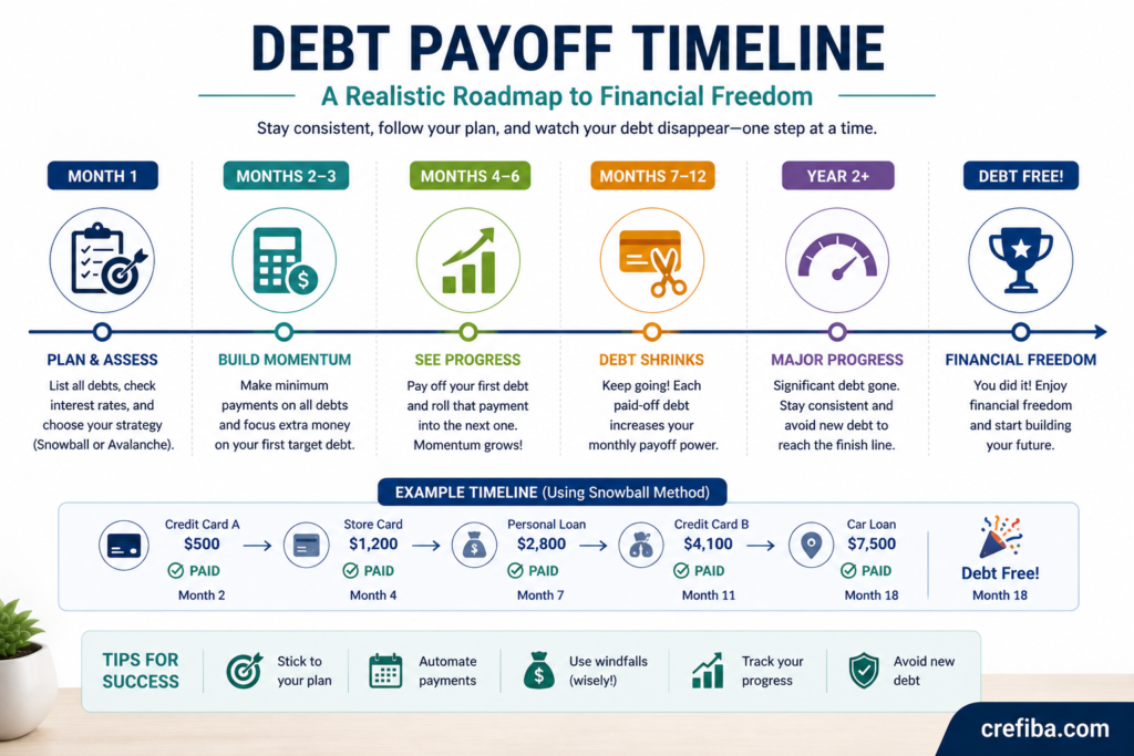 "Debt payoff timeline infographic showing the step-by-step journey from creating a repayment plan to becoming debt-free through consistent credit card debt payments."