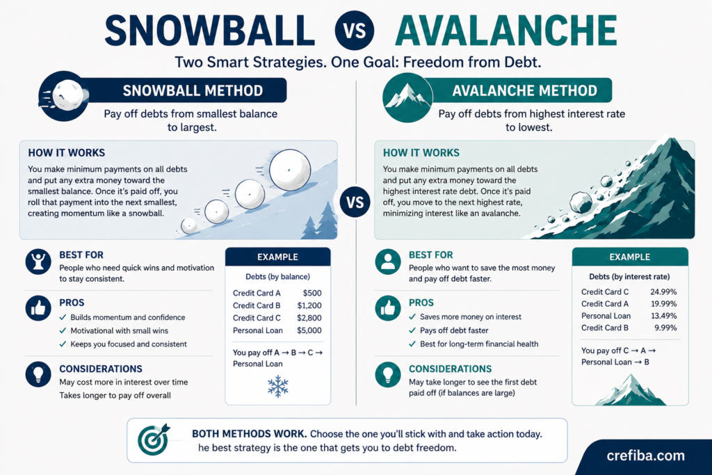 "Side-by-side infographic comparing the debt snowball and debt avalanche methods, explaining how each credit card debt repayment strategy works and who it is best for."