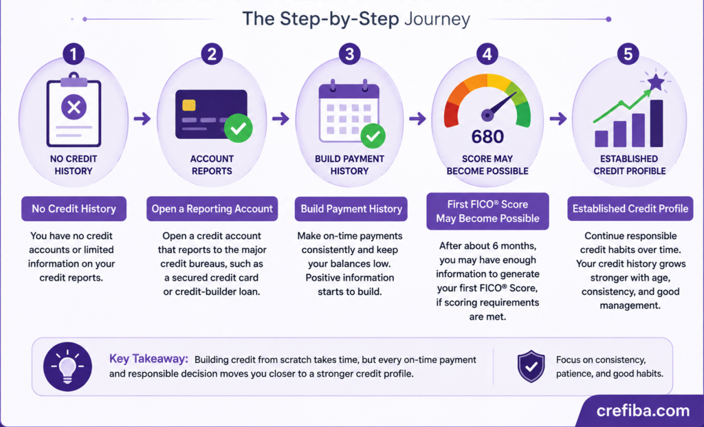 How long does it take to build credit from scratch: step-by-step journey from no credit history to a first FICO score and an established credit profile.