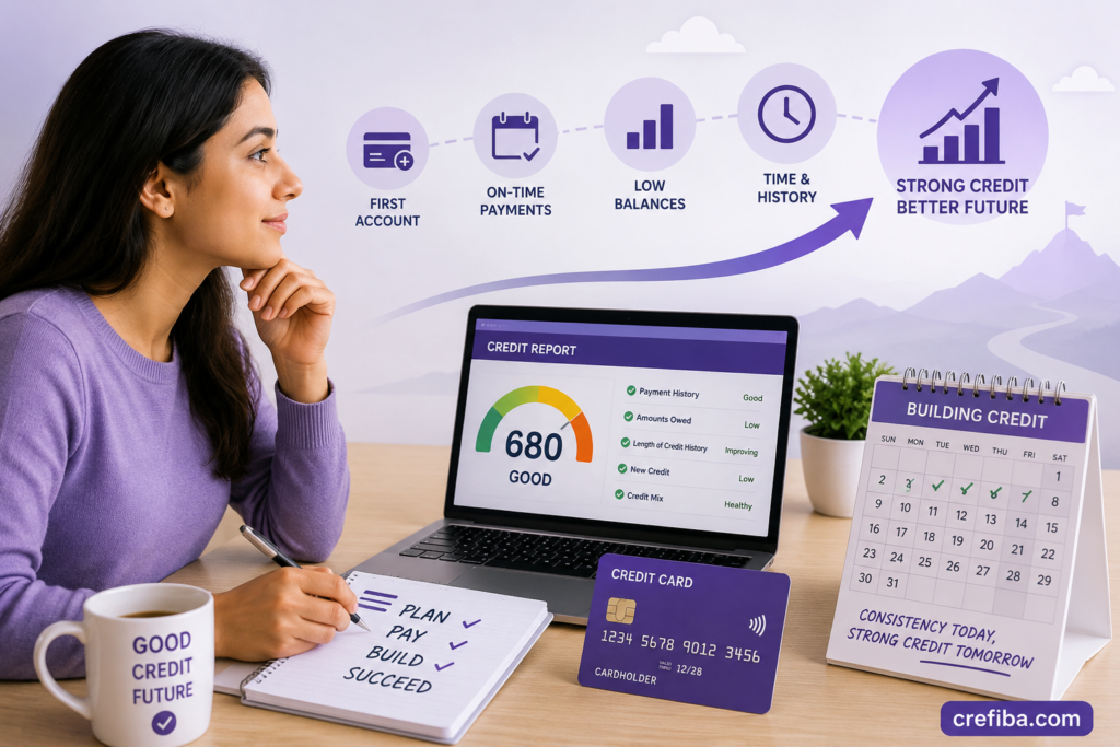 A person beginning their credit-building journey with a credit card, credit report, calendar, on-time payments, low balances, and an upward path toward stronger credit.