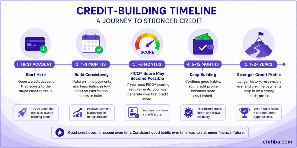 How long does it take to build credit: timeline from opening a first credit account through 1–2 years of on-time payments and responsible credit habits.