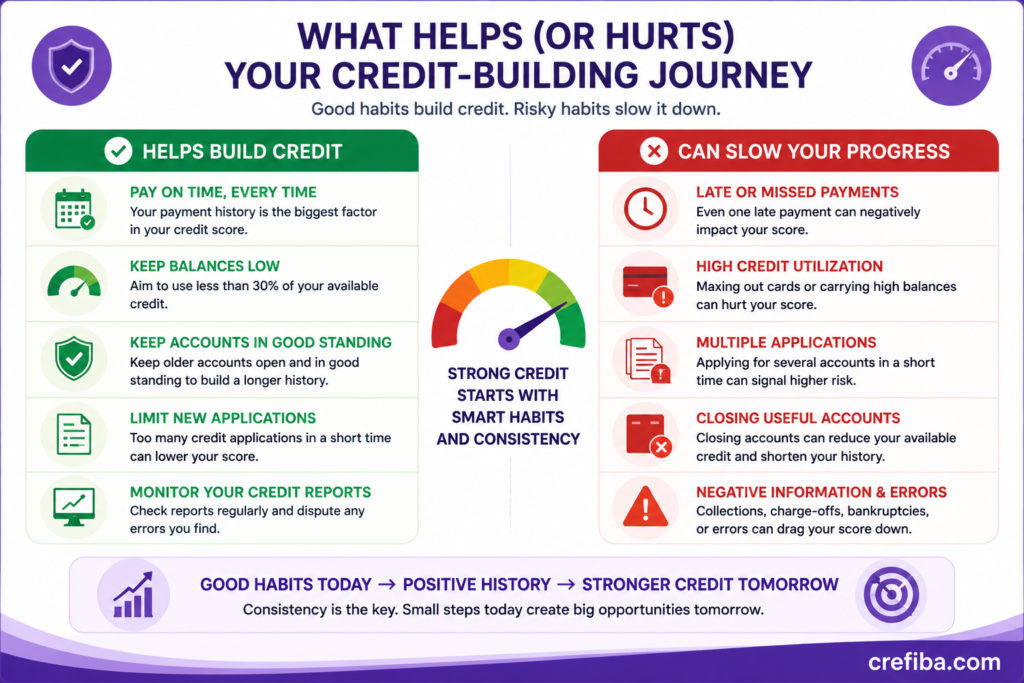 How long does it take to build credit: habits that help or slow progress, including on-time payments, low credit utilization, responsible applications, and avoiding negative information.