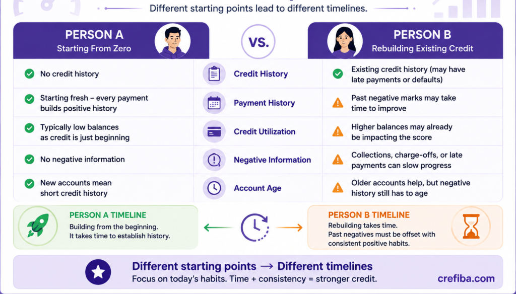 How long does it take to build credit: comparison showing why two people can build credit at different speeds based on credit history, payment history, utilization, negative information, and account age.